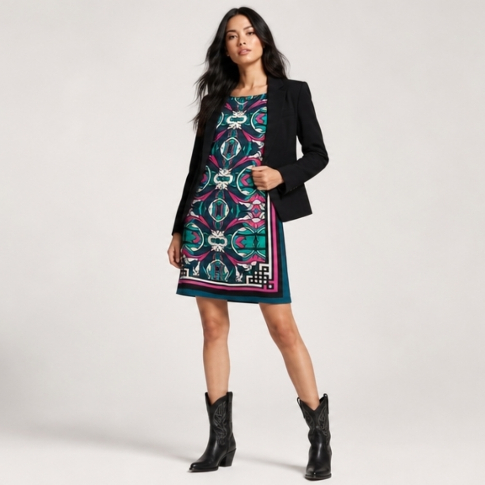 Gibson Latimer Pink, Teal & Navy Patterned  Dress